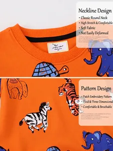 Orange kids cotton sweatshirt with colorful animal embroidery and classic crew neck