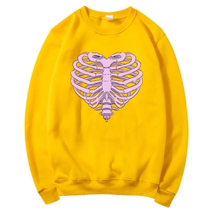 Yellow fleece hoodie with purple heart-shaped rib cage graphic and drawstring hood