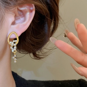 Macro close-up of long golden tassel earrings with sparkling crystals worn by a model