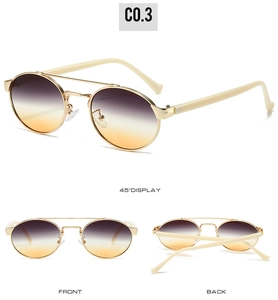 Three-way view of retro gold double-bridge sunglasses with purple-orange gradient lenses