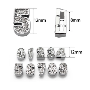 8mm Ασημένια DIY νούμερα με στρας για βραχιόλια, σετ 0-9 για συρόμενα λουράκια