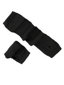 Detail showing black knitted arm warmers with thumb holes and soft elastic texture