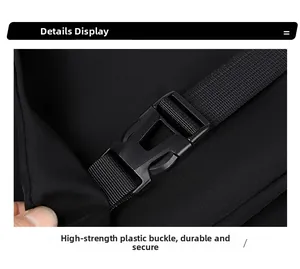 Detail of high-strength plastic buckle and durable black nylon strap on backpack