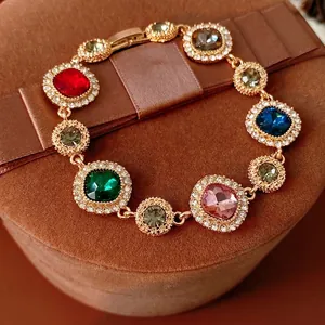 Vintage Geometric Alloy Bracelet With Multicolor Rhinestones Luxury Retro Colorful Gemstone Hand Jewelry For Women Elegant