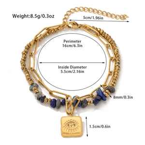 Detailed size chart for gold double-layer bracelet with blue beads and evil eye pendant