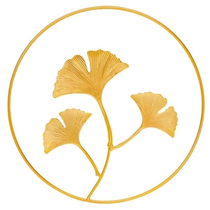 Golden ginkgo leaf metal wall decor in circular frame for living room art