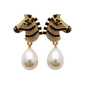 Vintage zebra stud earrings with silver needles, crystal pavé details and pearl drops