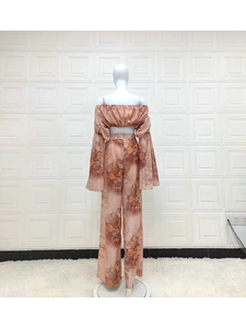 Floral print two-piece chiffon set with off-shoulder crop top and high-waisted wide-leg pants