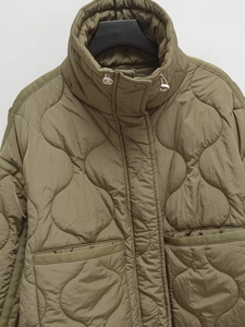 Army green stand collar quilted jacket for women with zipper and large pockets