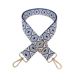 Adjustable wide 3.8cm embroidered bag strap with blue and white geometric diamond pattern