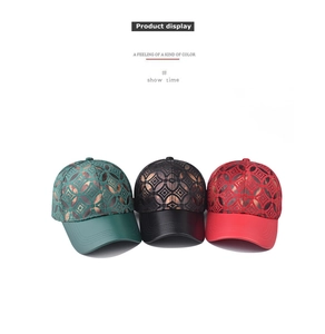 Detailed view of three metallic patterned baseball caps in green black and red colors