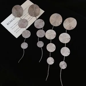 Geometric Textured Metal Drop Dangle Earrings With Silver Earring Post Long Multi Circular Fashion Jewelry For Women