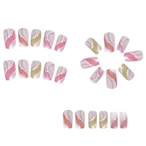 Detail of long press-on nails featuring pink and green abstract geometric crackle patterns