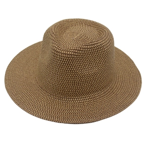 Handwoven Panama straw hat in tan with a classic fedora crown and flat brim for outdoors