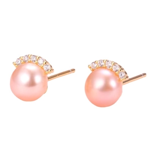 Elegant gold S925 silver earrings featuring pink natural pearls and rainbow zircon stones