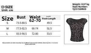Detailed size chart for sheer leopard print short sleeve top with bust and waist measurements