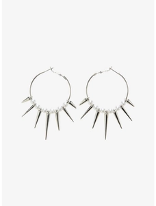 Punk silver hoop earrings with white pearls and long metal spikes in a bold edgy style