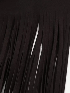 Close-up of black woolen coat fabric showing detailed fringe tassels and texture