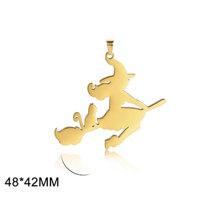 Golden witch on broom with cat pendant, stainless steel charm, 48x42mm jewelry piece