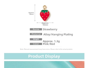 Detail view of red strawberry alloy pendant with size markings 18x10mm and specifications