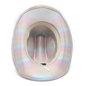 Top view detail of iridescent cowboy hat showing inner lining and sweatband construction