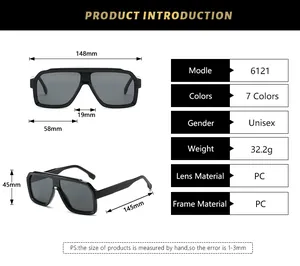 Detailed size specifications for square frame pilot sunglasses showing full dimensions