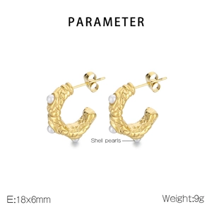 18k gold plated stainless steel C-shaped hoop earrings with shell pearls and lava texture
