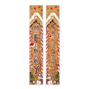 Gingerbread house style Christmas porch banners with snowman and reindeer decor