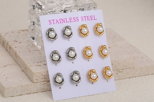 Set of 6 pairs of gold and silver stainless steel earrings with pearl pea shape details