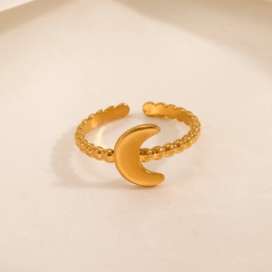 18K gold plated stainless steel crescent moon ring with beaded adjustable open band
