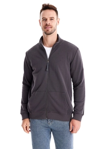 Detailed close-up of dark grey men's zip-up cardigan with stand collar and ribbed cuffs