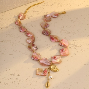 Pink shell beaded necklace with gold sea shell charms and pearl pendants for women