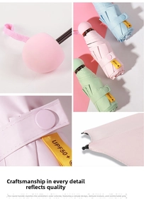 Detail showing UPF50+ sun protection label and round ergonomic handles of the mini umbrella