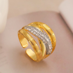 Luxury 18K gold plated multilayer geometric ring with zircon stones in brushed finish