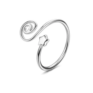 Detail of silver adjustable toe ring with spiral swirl and star element design