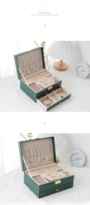 Detail view of double-layer jewelry box with compartments for rings, earrings and watches