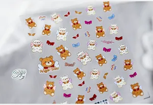 Close-up of TS-640 cute cartoon angel bear nail art stickers with heart patterns
