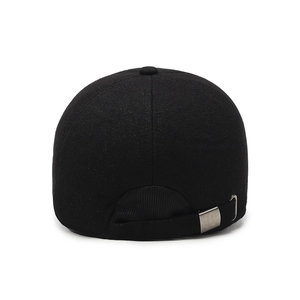 Rear view of black thermal baseball cap with ear flaps and adjustable metal buckle