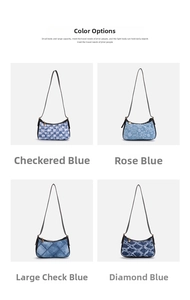 Detailed comparison of four blue denim underarm bags featuring various stylish patterns