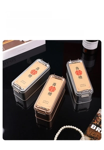 Detail of vintage rectangular tin boxes with metal roller buckle and festive Xixi motif