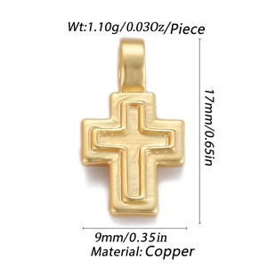 Macro detail of gold plated copper cross pendant showing exact dimensions and weight
