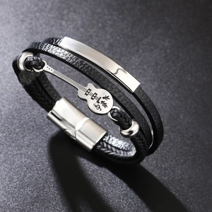 Punk multilayer black leather bracelet with stainless steel plate and guitar charm