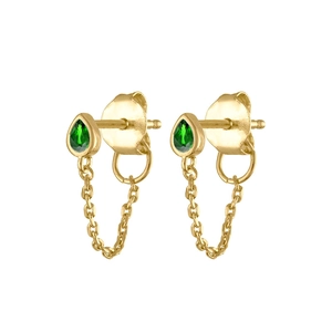 Detail of gold chain earrings with green pear-shaped stones and s925 silver needles