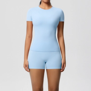 Slim fit light blue yoga set with short sleeve t-shirt and high stretch gym shorts