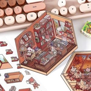 Cute cartoon animal stickers for DIY scrapbooking with bookstore scenes and warm colors