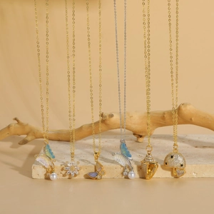 Elegant Copper Pendant Necklace With Zirconia Butterfly Shell Flower Mushroom For Women Trendy Artificial Pearl Clavicle Chain