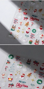 Close-up of 3D embossed Christmas nail decals with Santa and snowflake motifs