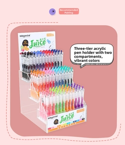 Detailed set of 12 colorful 0.5mm juice gel pens displayed in a clear acrylic stand