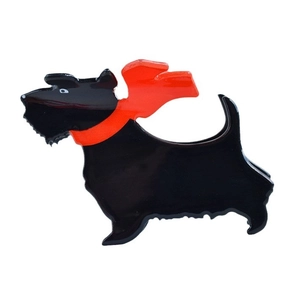 Cute black Scottish Terrier hair claw clip with red bow tie on white background