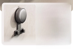Two-step installation guide showing suction cup press and twist lock on gray wall rack